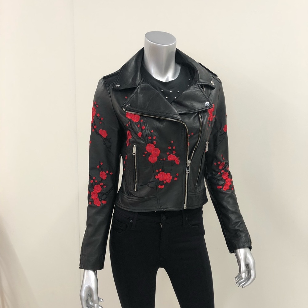 Black Leather Lamarque Jacket with Red Embroidery